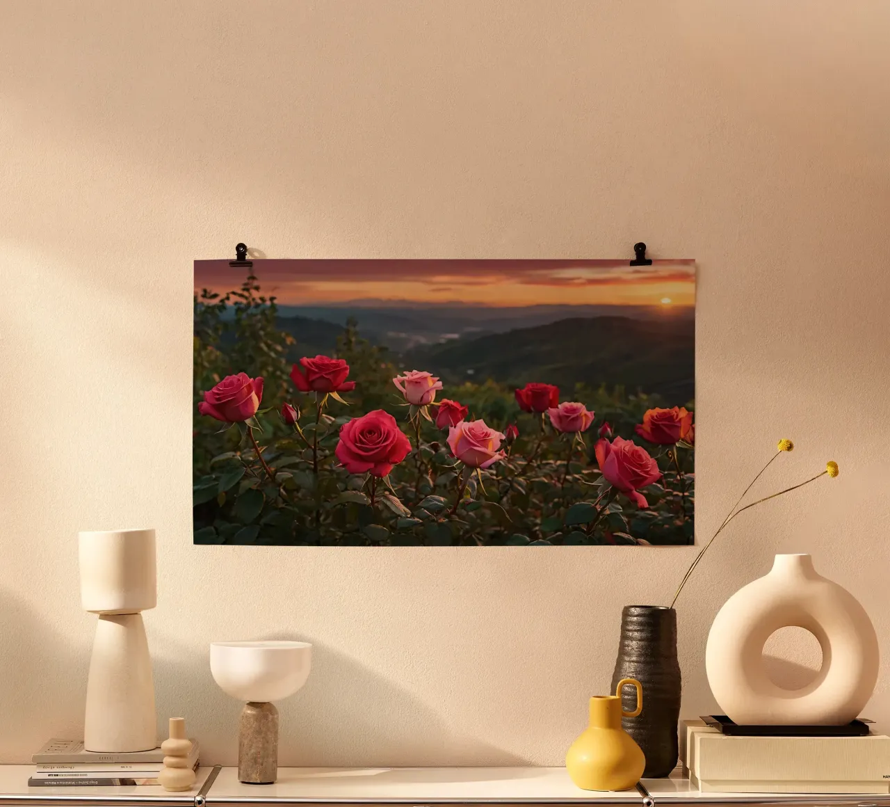 Rose colorate che sbocciano su un tramonto mozzafiato poster con telaio in plastica da DesignDoodle