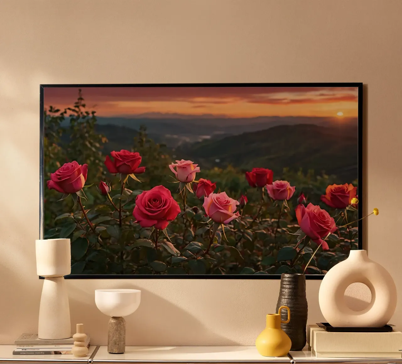 Rose colorate che sbocciano su un tramonto mozzafiato poster con telaio in plastica da DesignDoodle