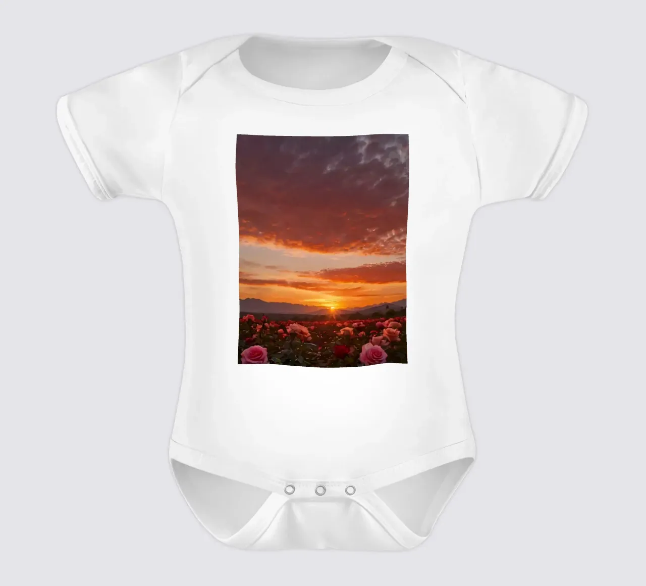 Zonsondergang boven rozentuin met wolken in de lucht en bergen babyrompertje korte mouwen van DesignDoodle