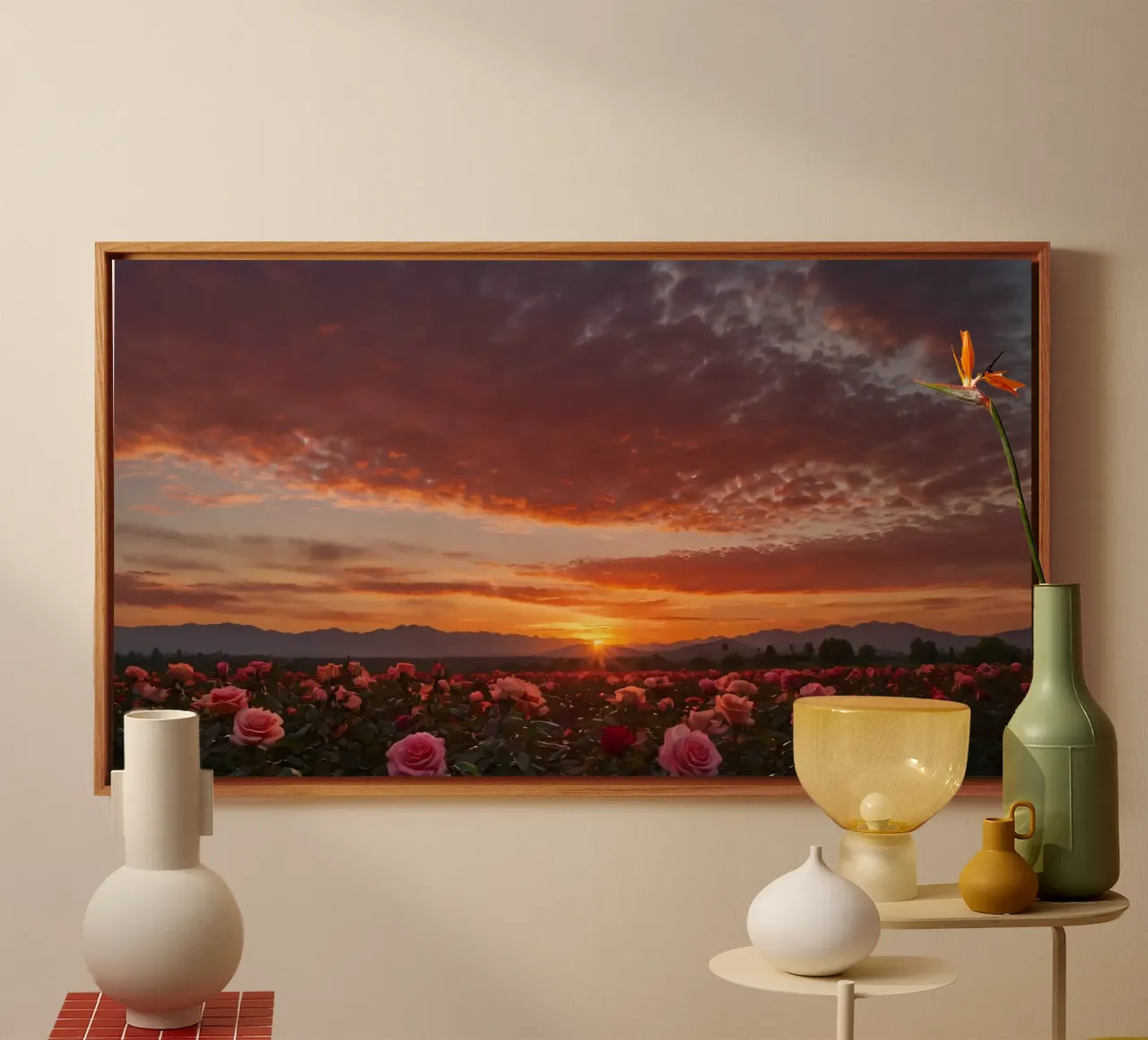 Sunset over rose garden with clouds in the sky and mountains canvas by DesignDoodle