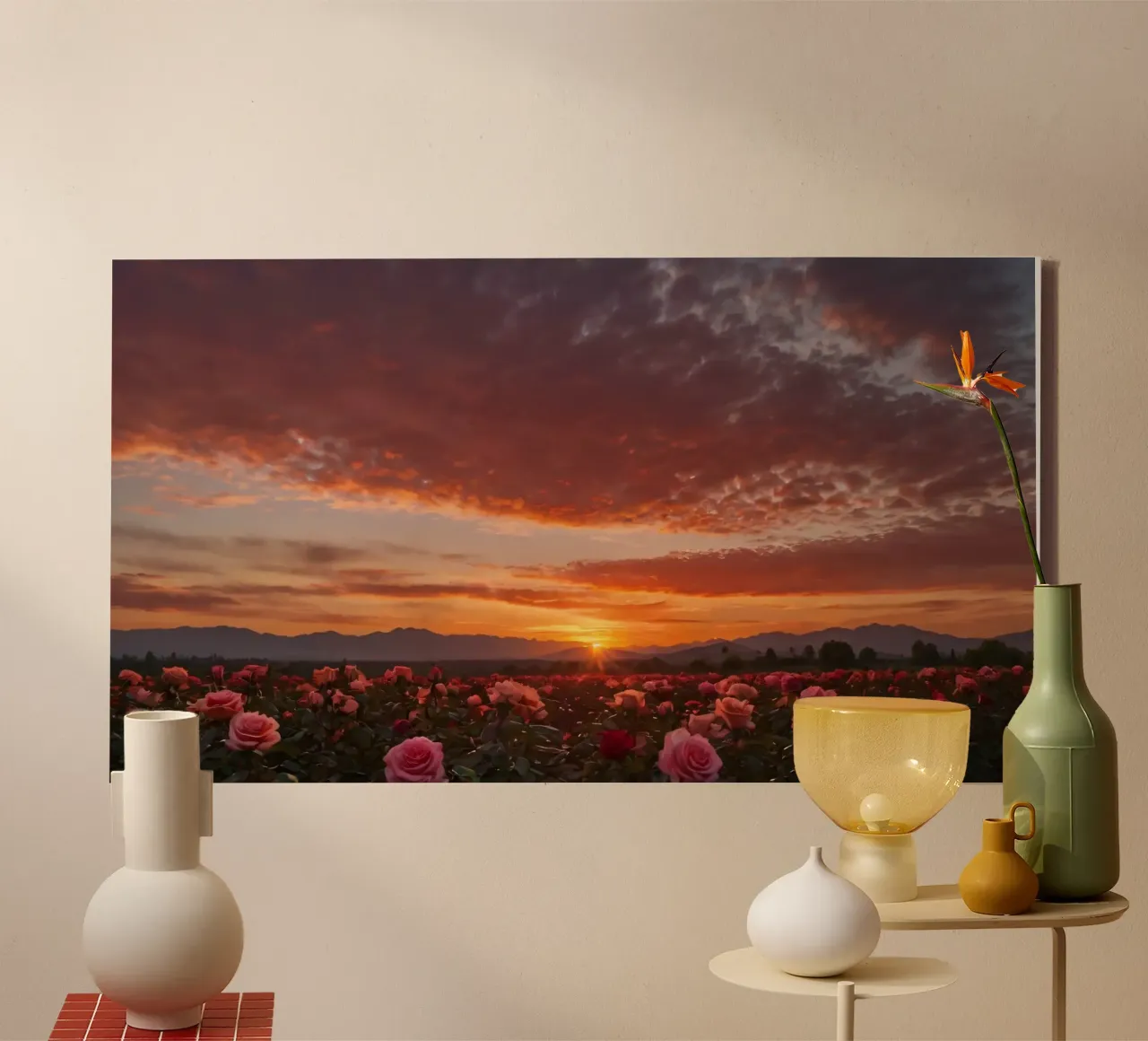 Sunset over rose garden with clouds in the sky and mountains canvas by DesignDoodle