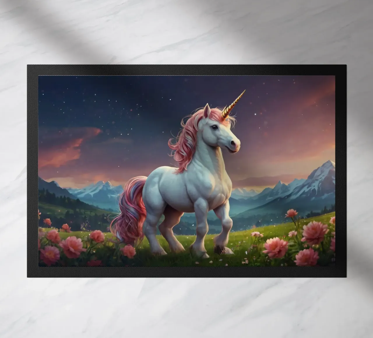 A majestic unicorn with a shimmering mane stands gracefully doormat by DesignDoodle