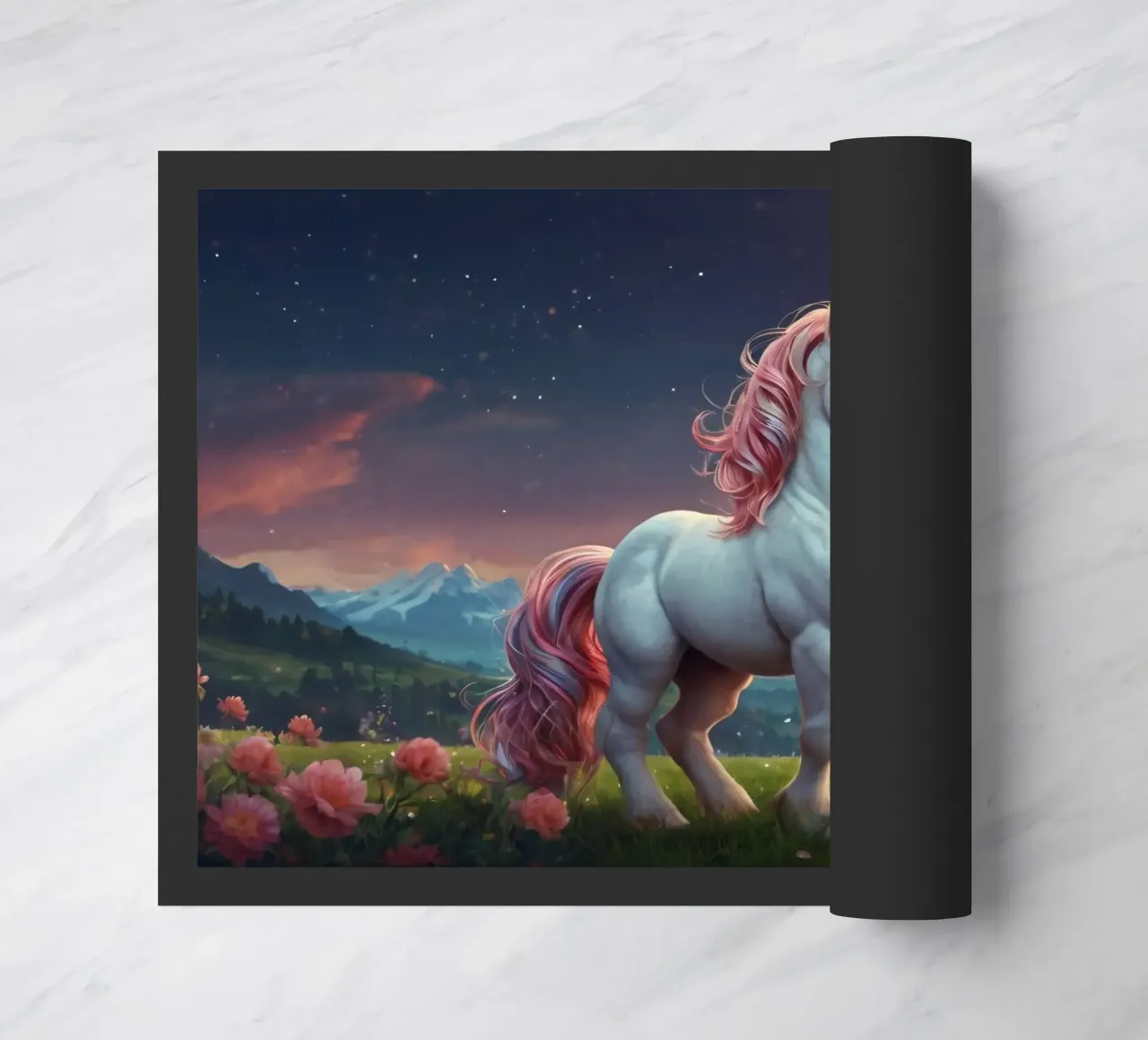 A majestic unicorn with a shimmering mane stands gracefully doormat by DesignDoodle