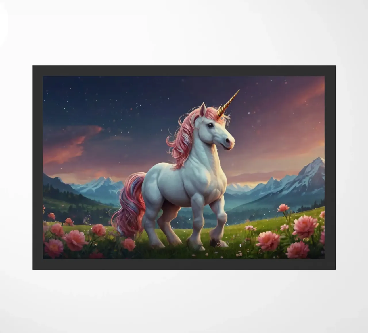 A majestic unicorn with a shimmering mane stands gracefully doormat by DesignDoodle