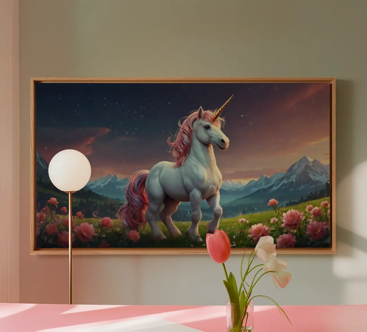 A majestic unicorn with a shimmering mane stands gracefully canvas with Floater frame by DesignDoodle