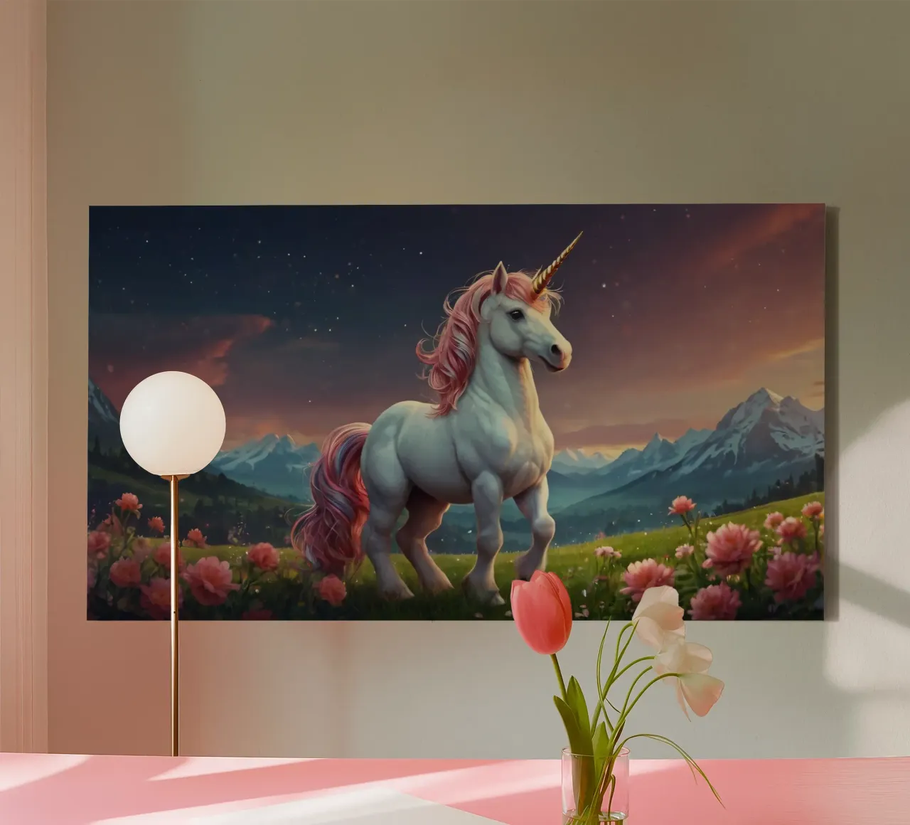 A majestic unicorn with a shimmering mane stands gracefully canvas with Floater frame by DesignDoodle