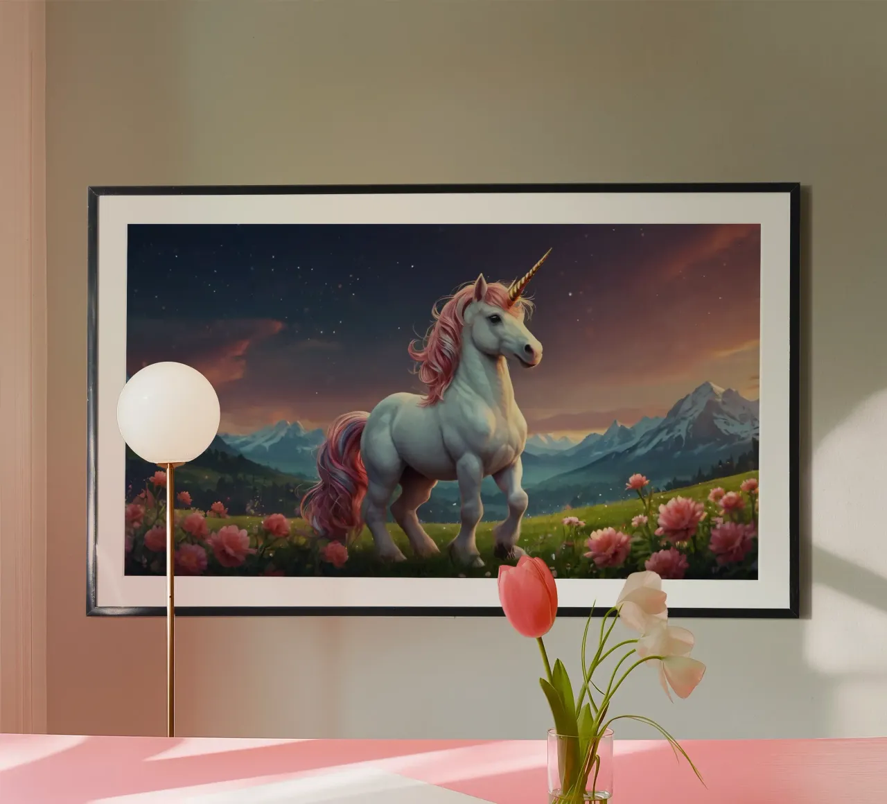 A majestic unicorn with a shimmering mane stands gracefully hahnemühle by DesignDoodle