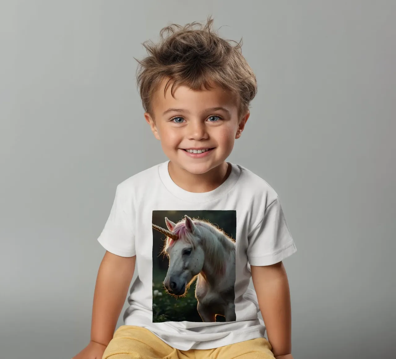 Une licorne majestueuse se tenant dans une clairière ensoleillée. t-shirt enfant de DesignDoodle
