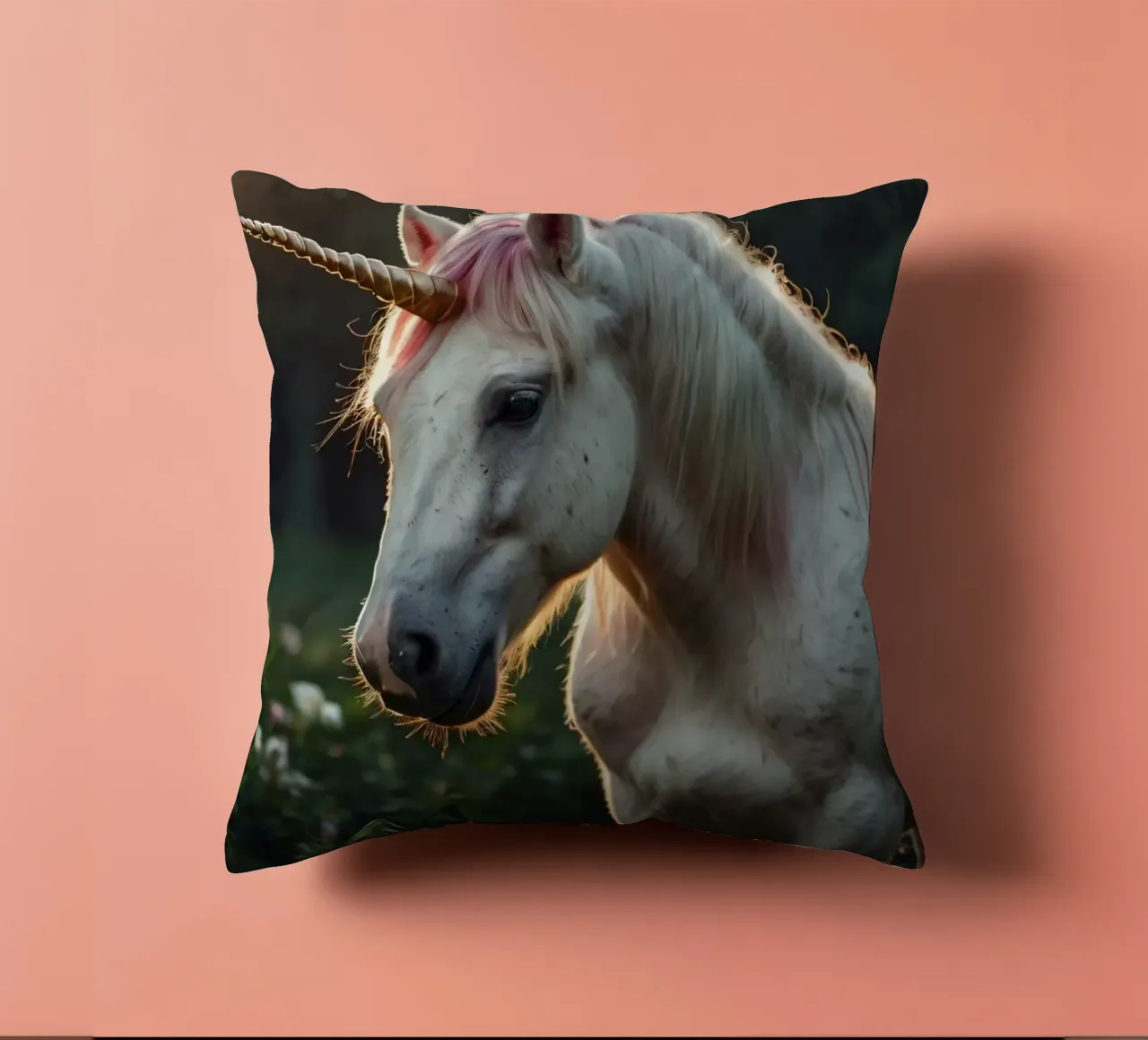 Une licorne majestueuse se tenant dans une clairière ensoleillée. coussin de DesignDoodle