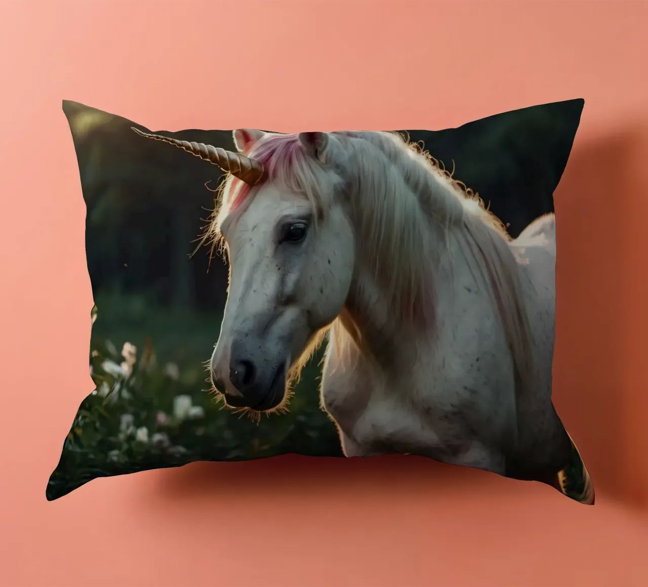 Une licorne majestueuse se tenant dans une clairière ensoleillée. coussin de DesignDoodle