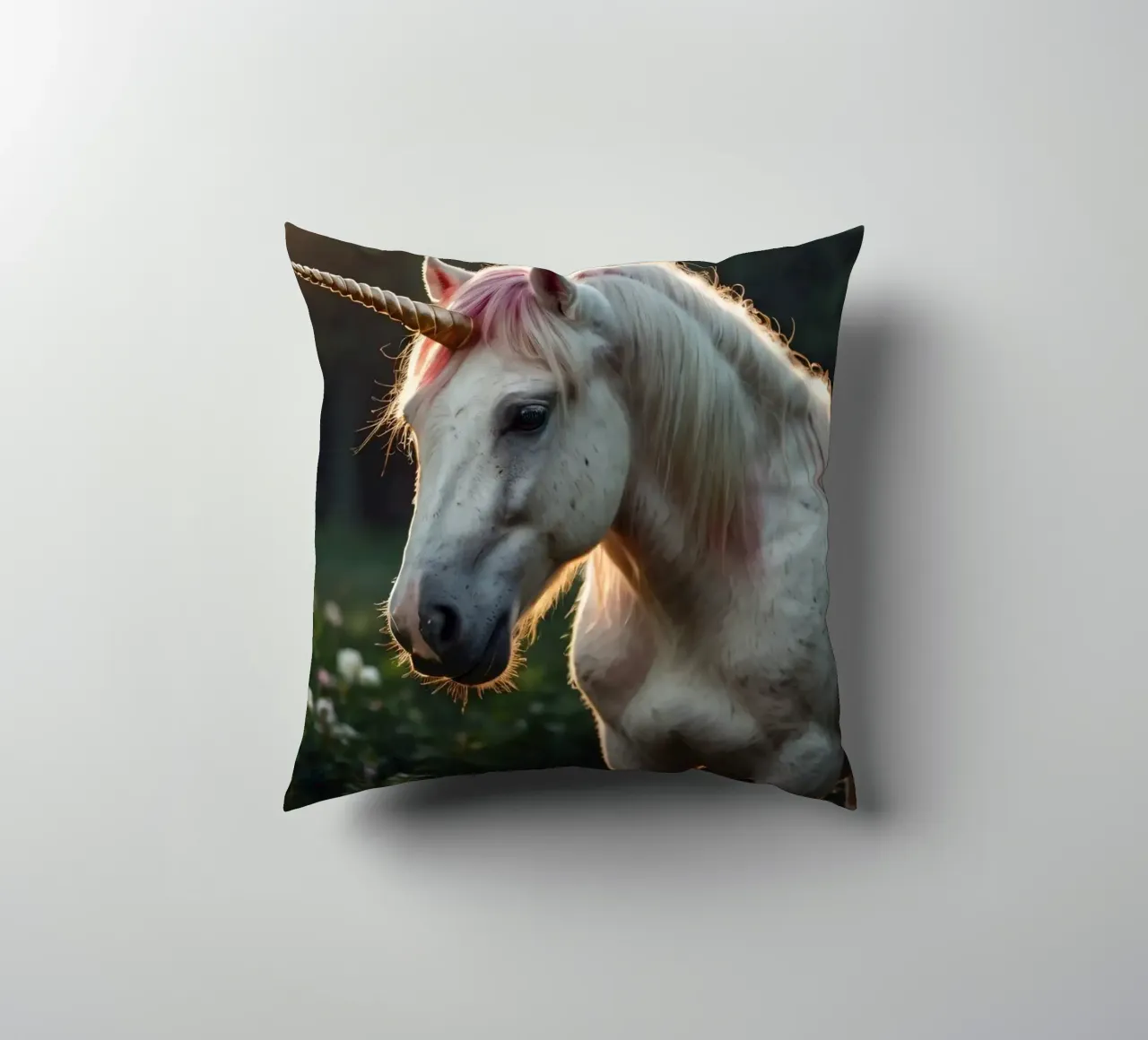 Une licorne majestueuse se tenant dans une clairière ensoleillée. coussin de DesignDoodle