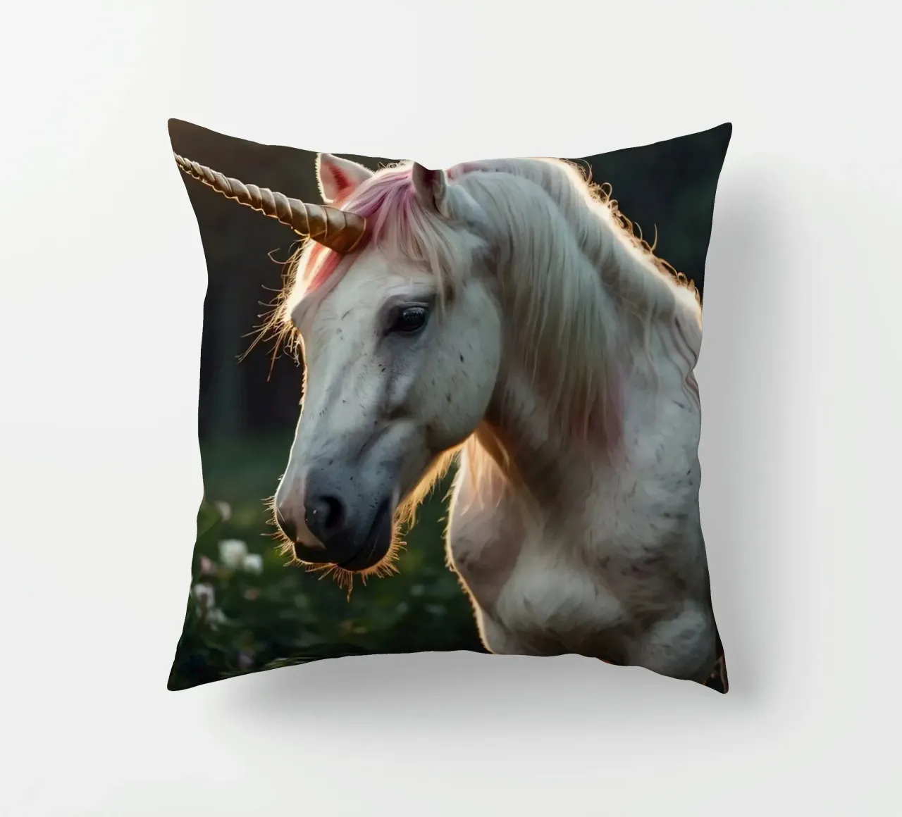 Une licorne majestueuse se tenant dans une clairière ensoleillée. coussin de DesignDoodle