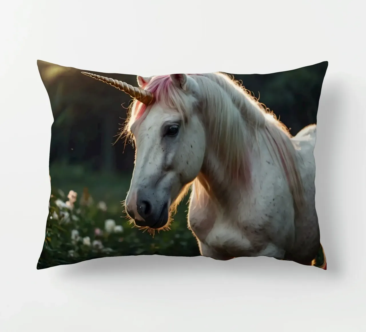 Une licorne majestueuse se tenant dans une clairière ensoleillée. coussin de DesignDoodle