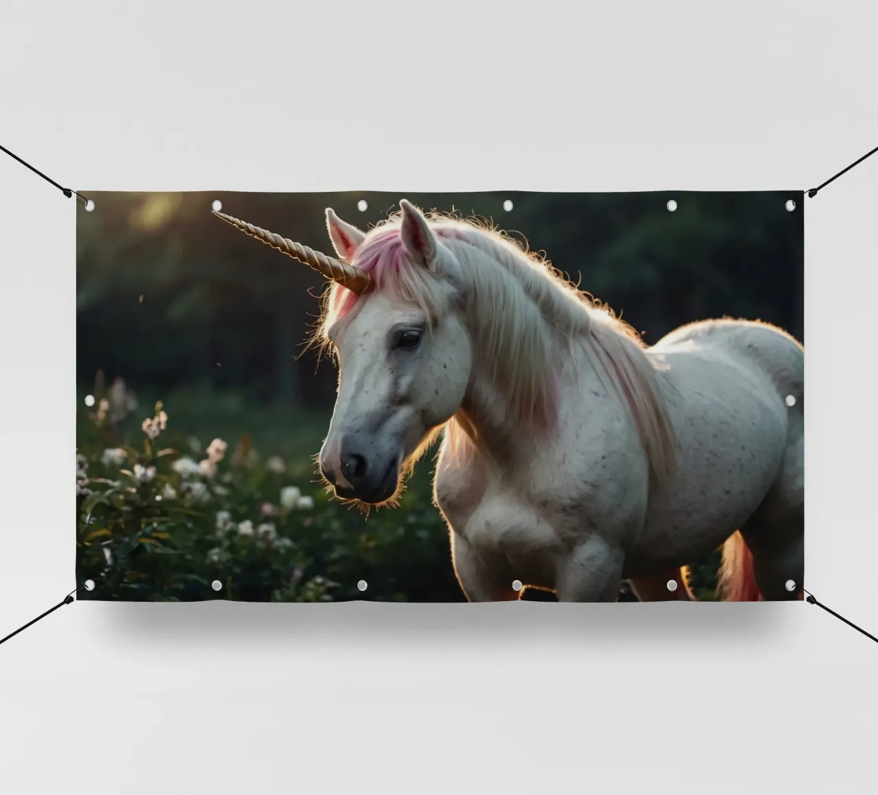 Une licorne majestueuse se tenant dans une clairière ensoleillée. bâche pvc de DesignDoodle