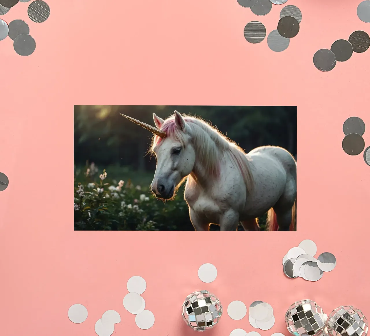 Une licorne majestueuse se tenant dans une clairière ensoleillée. autocollant de DesignDoodle