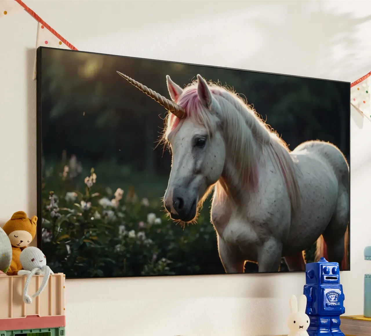 Ein majestätisches Einhorn auf einer sonnenbeschienenen Waldlichtung Alu-Dibond von DesignDoodle