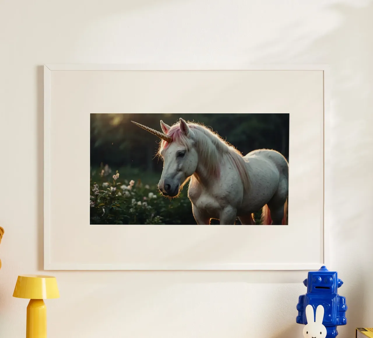 Une licorne majestueuse se tenant dans une clairière ensoleillée. hahnemühle de DesignDoodle