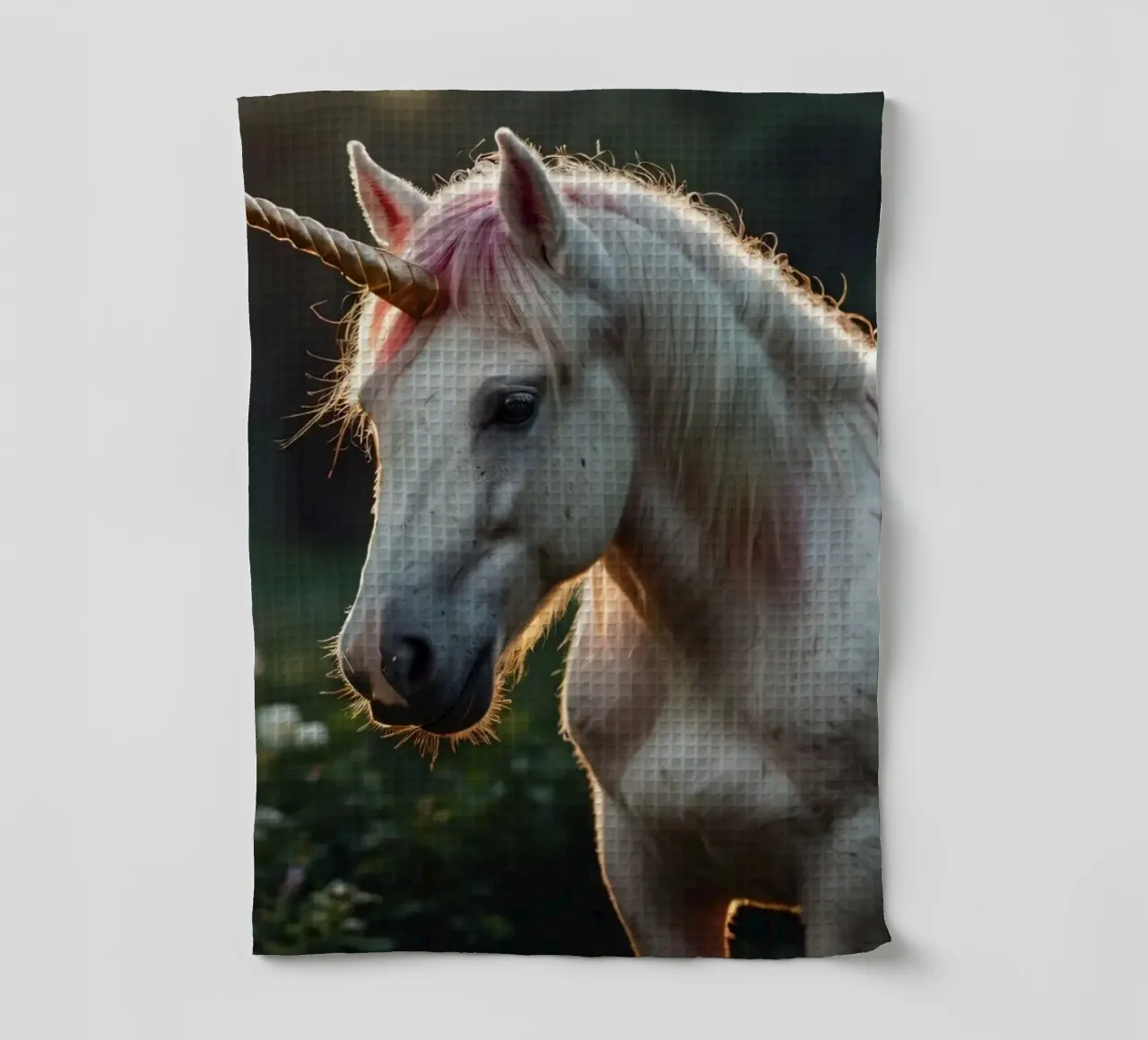 Une licorne majestueuse se tenant dans une clairière ensoleillée. torchon de DesignDoodle
