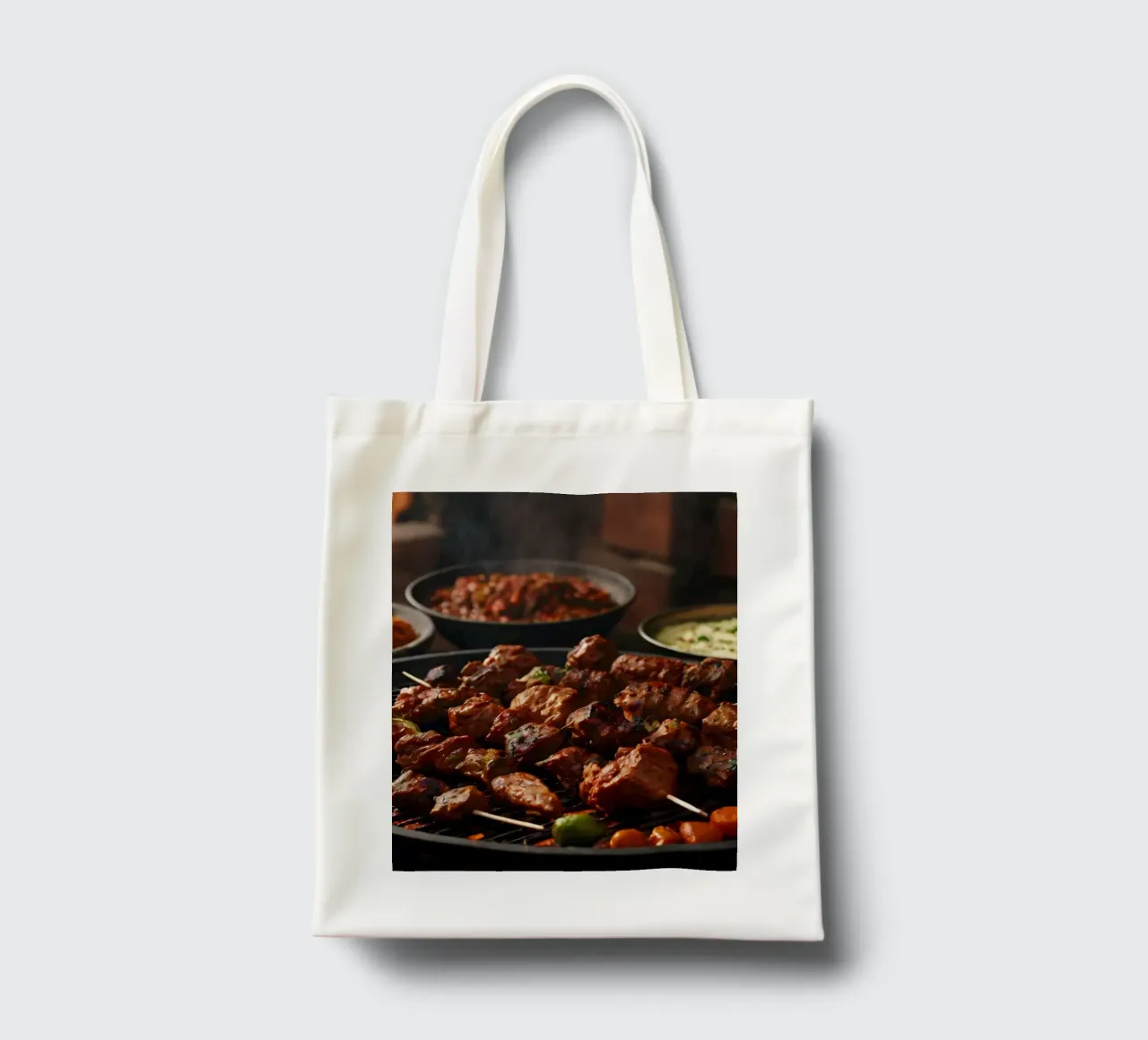 Delicious skewers grilling over an open flame with spices tote bag by DesignDoodle