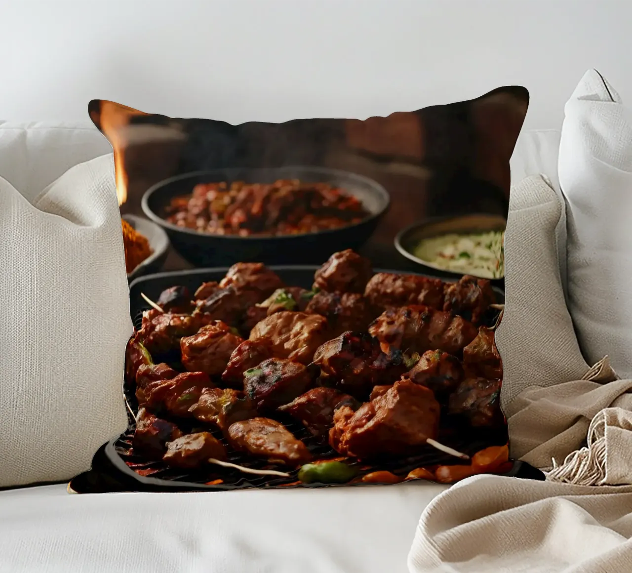 Delicious skewers grilling over an open flame with spices decorative cushion by DesignDoodle