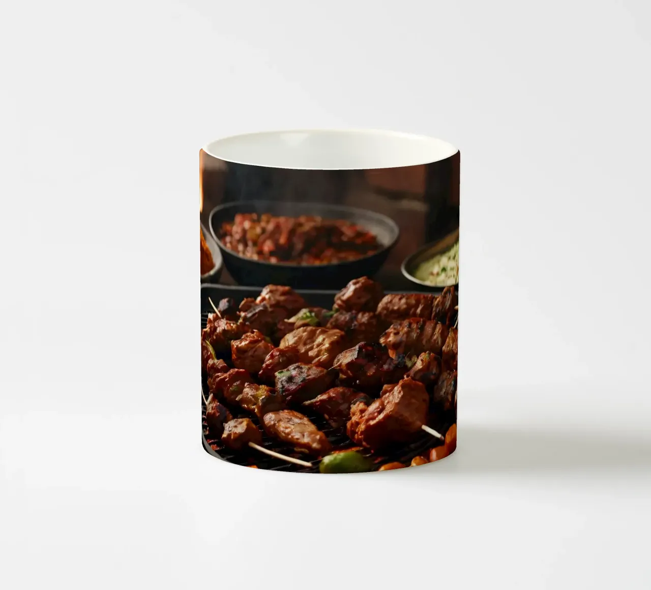 Delicious skewers grilling over an open flame with spices ceramic mug by DesignDoodle