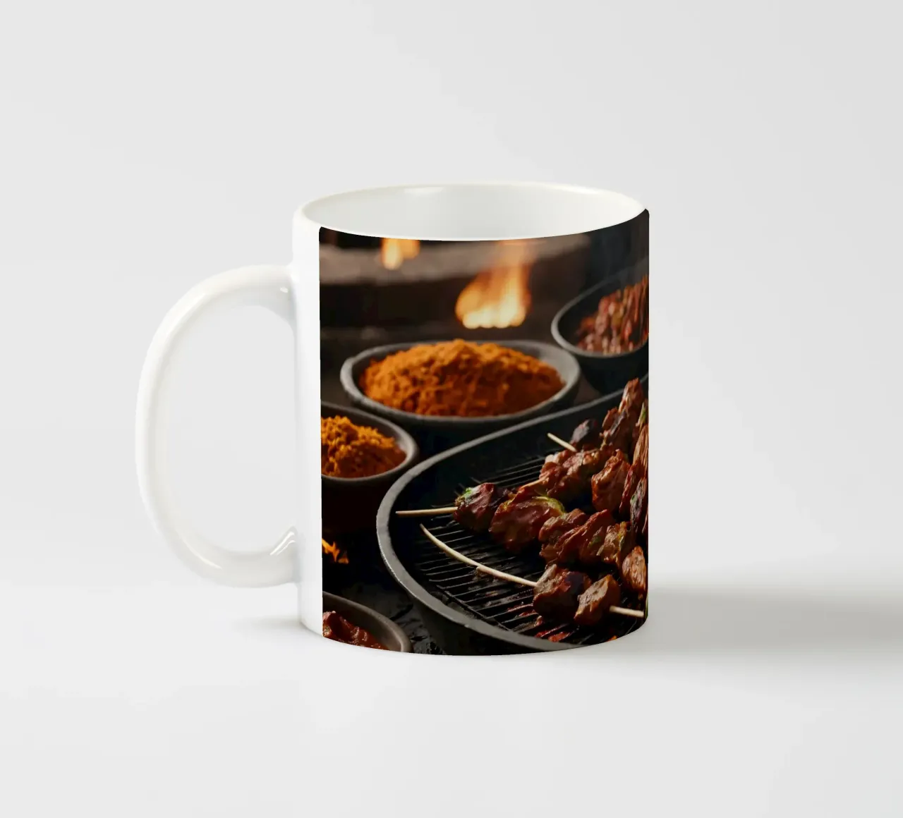 Delicious skewers grilling over an open flame with spices ceramic mug by DesignDoodle