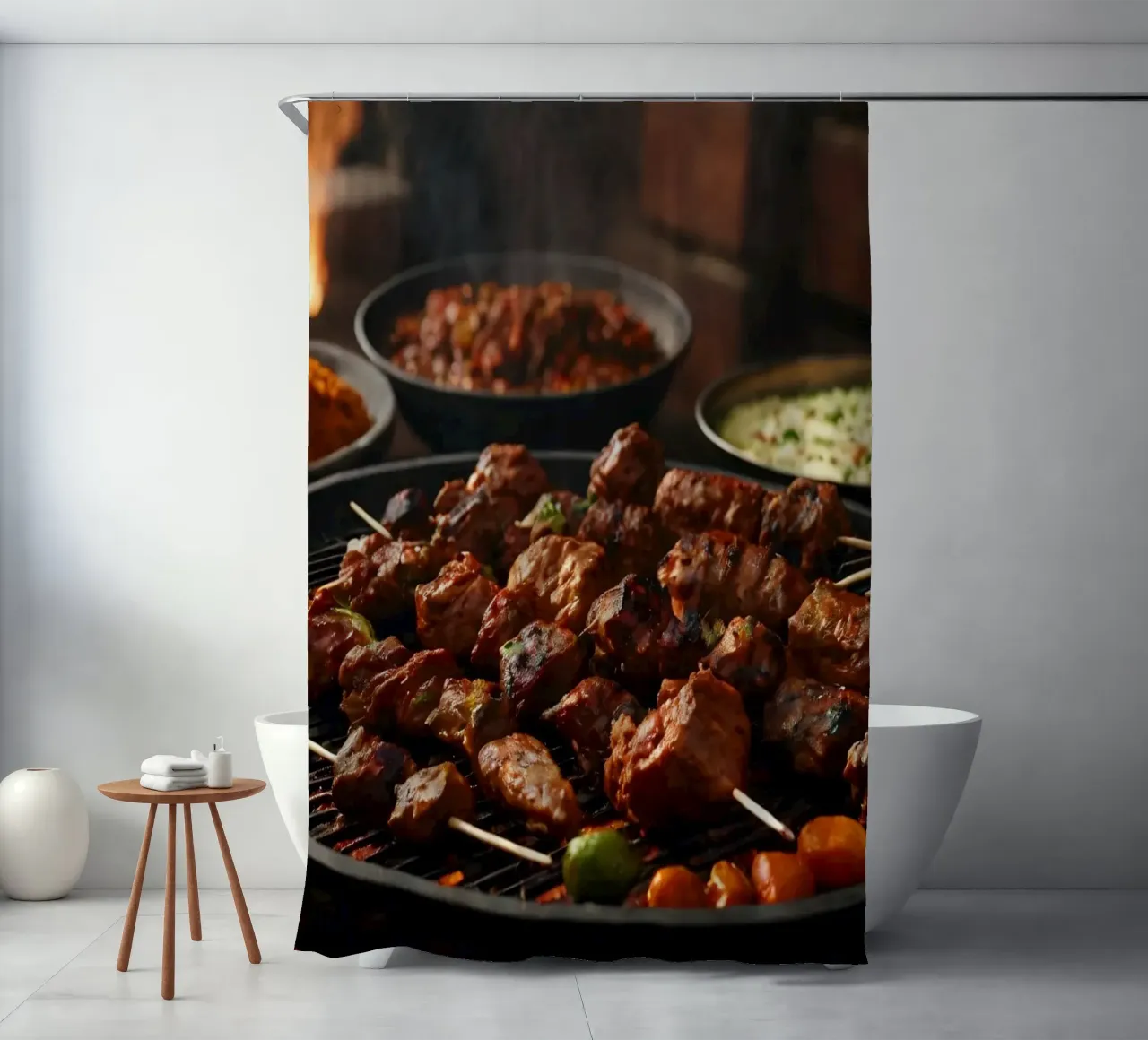 Delicious skewers grilling over an open flame with spices shower curtain by DesignDoodle