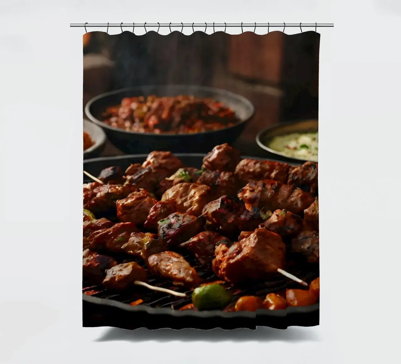 Delicious skewers grilling over an open flame with spices shower curtain by DesignDoodle