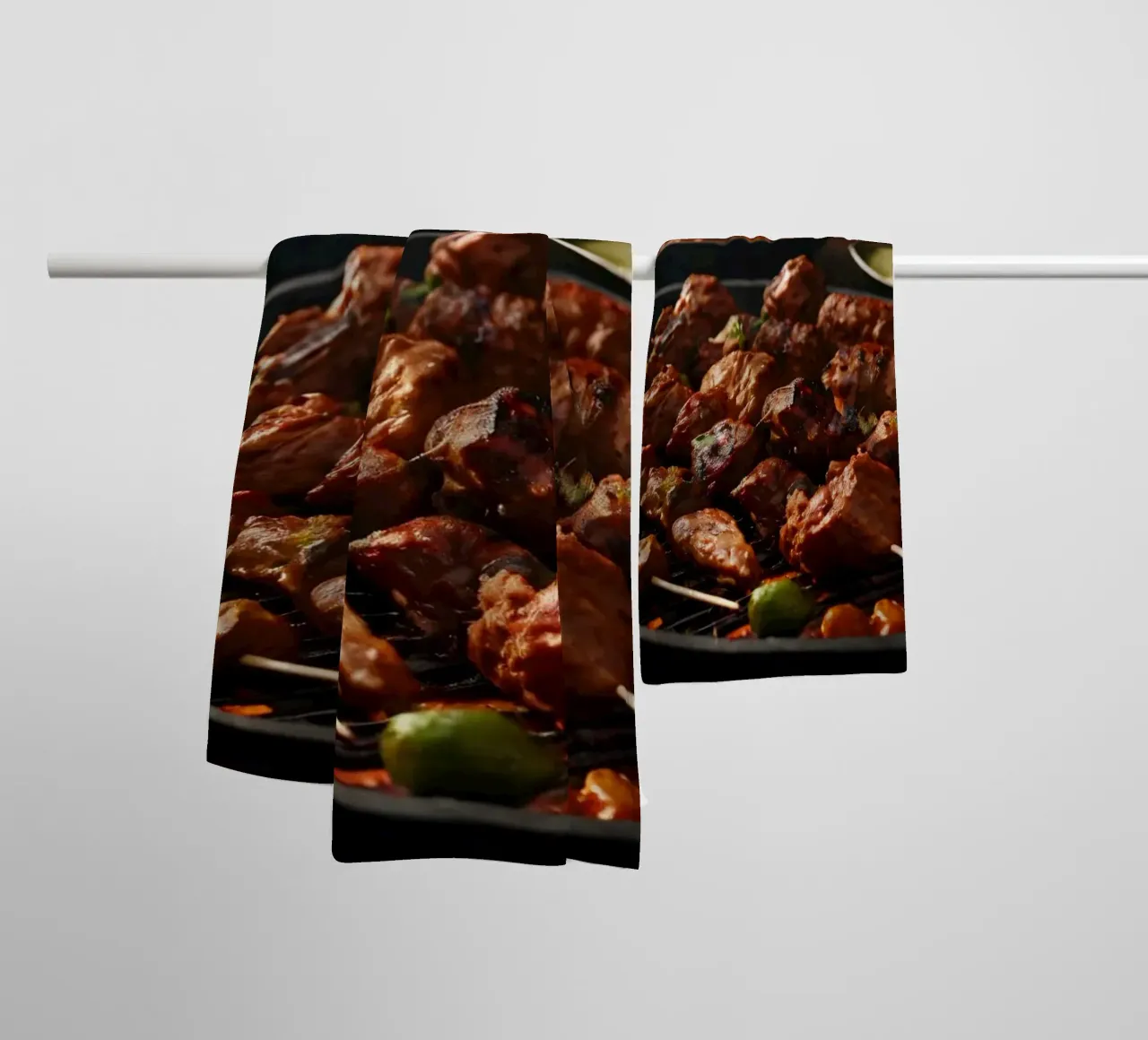 Delicious skewers grilling over an open flame with spices towel by DesignDoodle