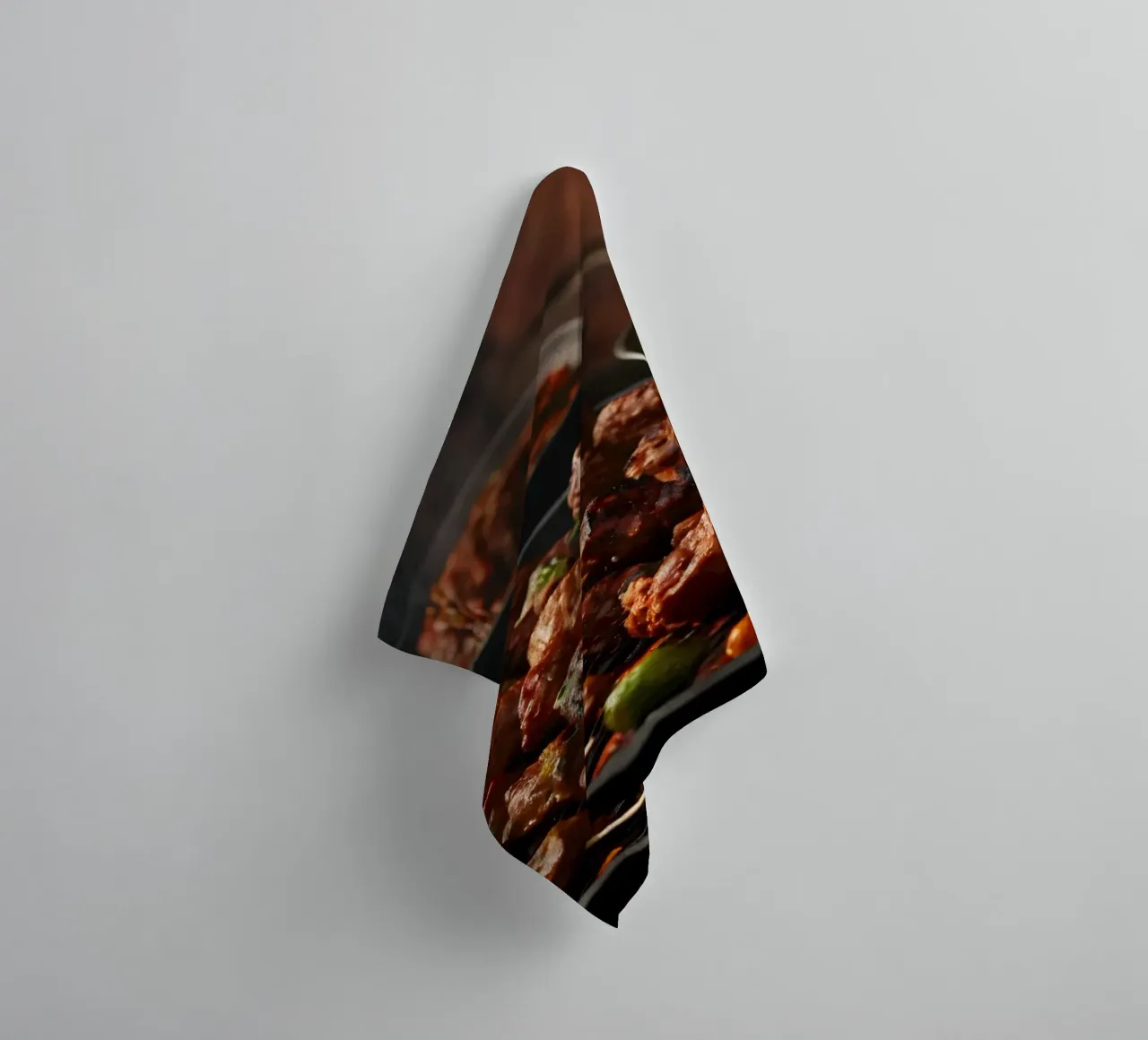 Delicious skewers grilling over an open flame with spices towel by DesignDoodle