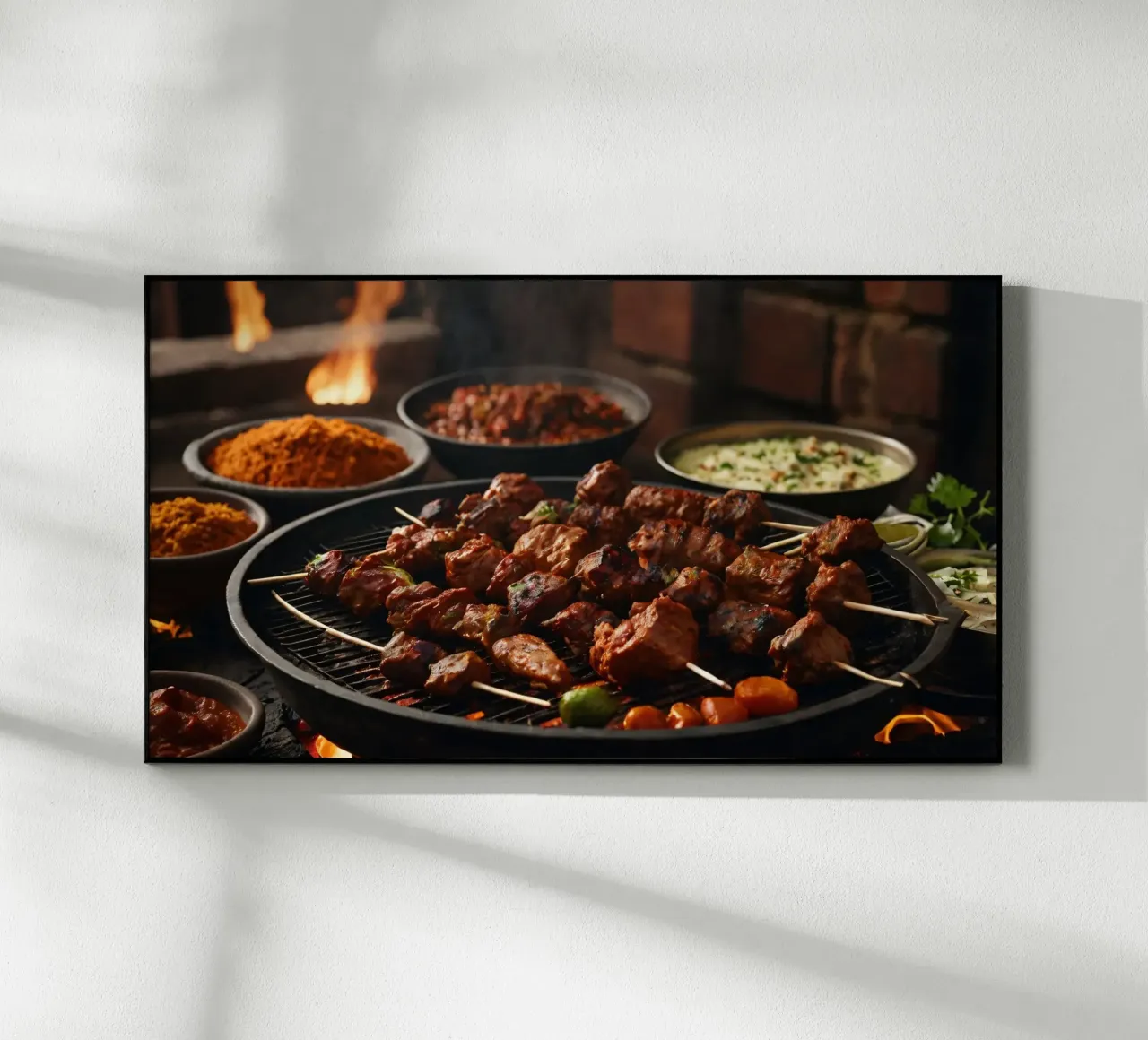 Delicious skewers grilling over an open flame with spices acrylic glass by DesignDoodle