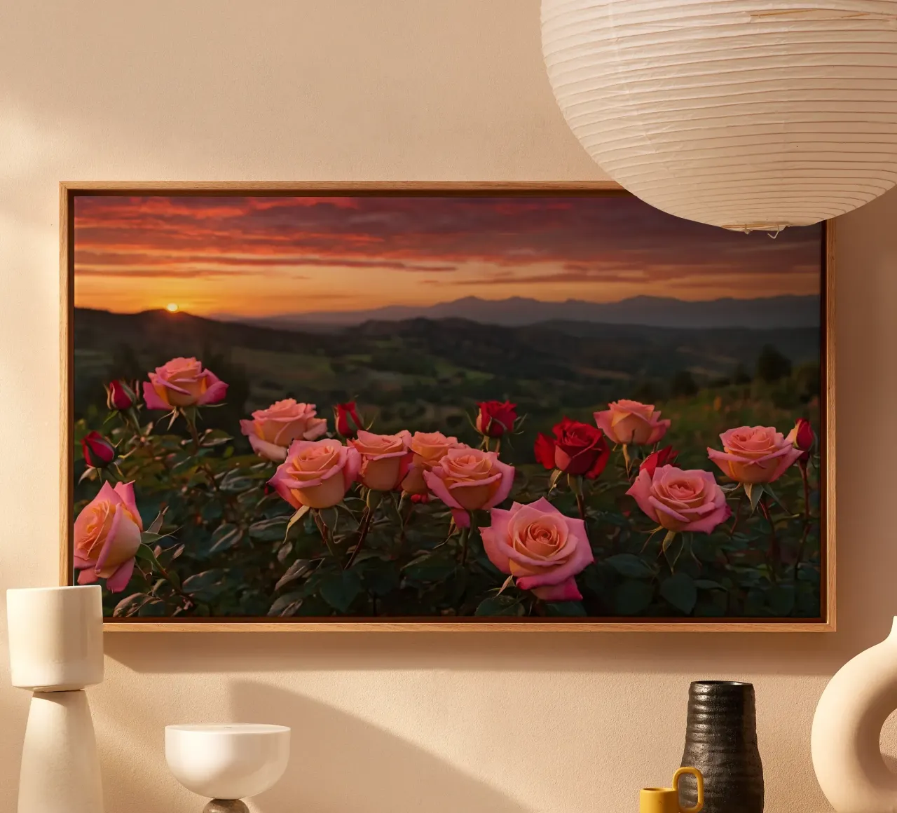 Tramonto mozzafiato su rose in fiore in una tranquilla zona montana tela con Cornice a cassetta da DesignDoodle
