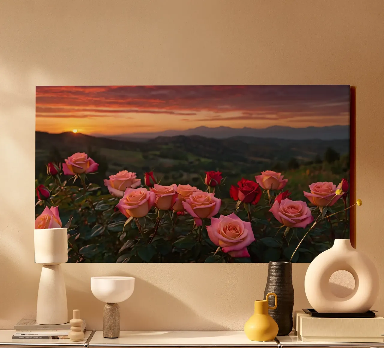 Tramonto mozzafiato su rose in fiore in una tranquilla zona montana tela con Cornice a cassetta da DesignDoodle