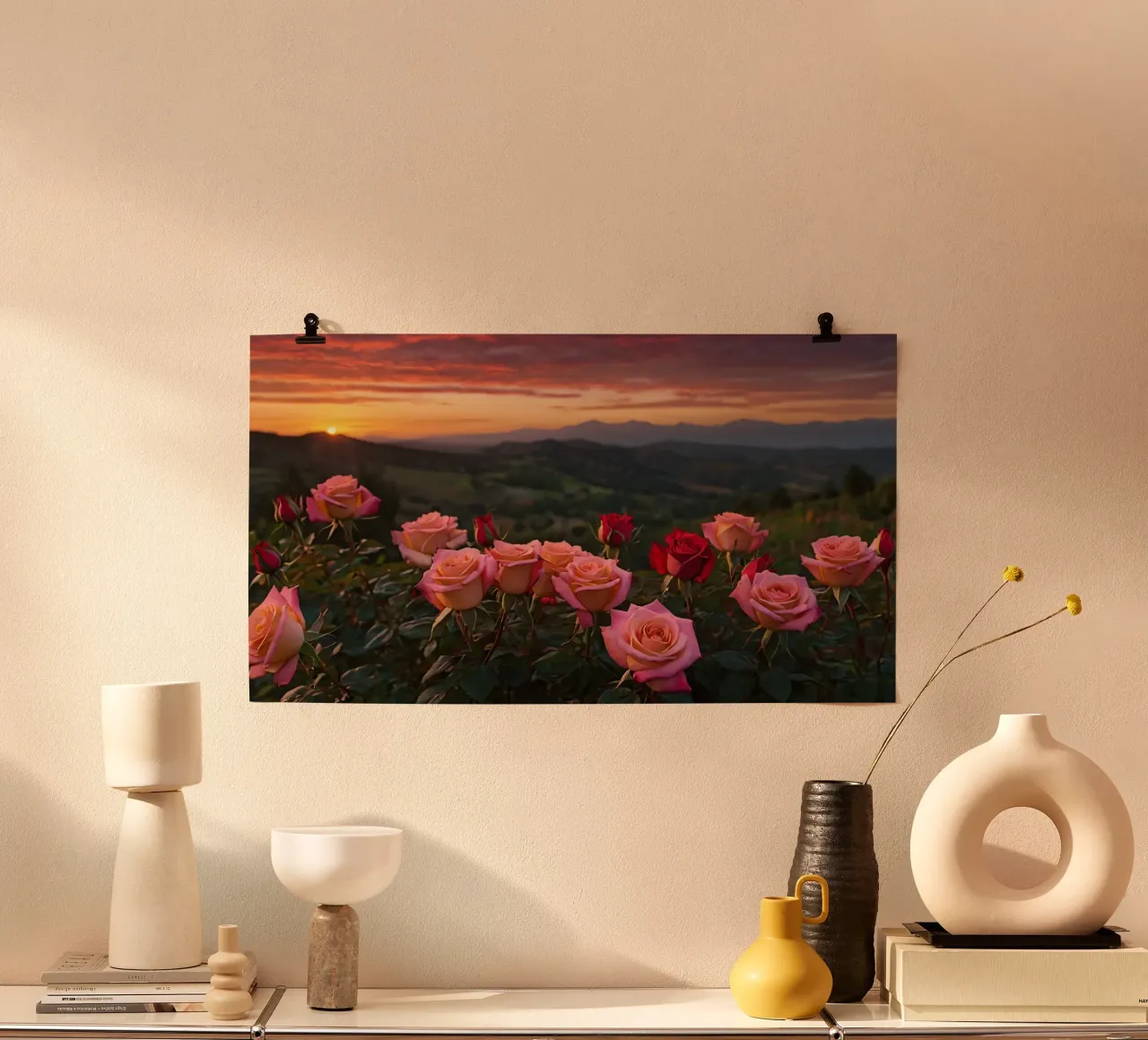 Tramonto mozzafiato su rose in fiore in una tranquilla zona montana carta hahnemühle da DesignDoodle