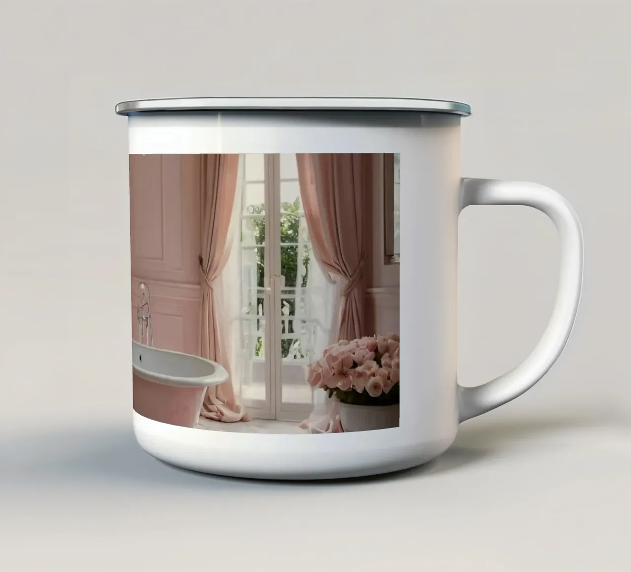 bagno con vasca vintage ornata di petali di rosa tazza in smalto da DesignDoodle