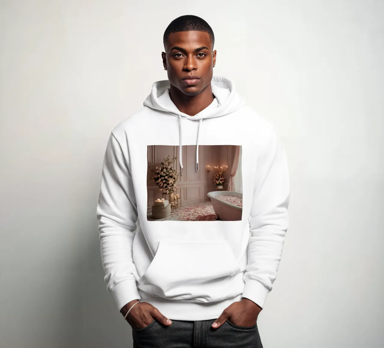 Badezimmer mit freistehender Wanne, die mit Rosenblättern verziert ist Hoodie von DesignDoodle