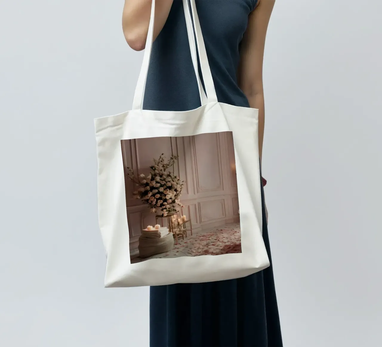 salle de bains avec une baignoire autoportante ornée de pétales de roses tote bag de DesignDoodle