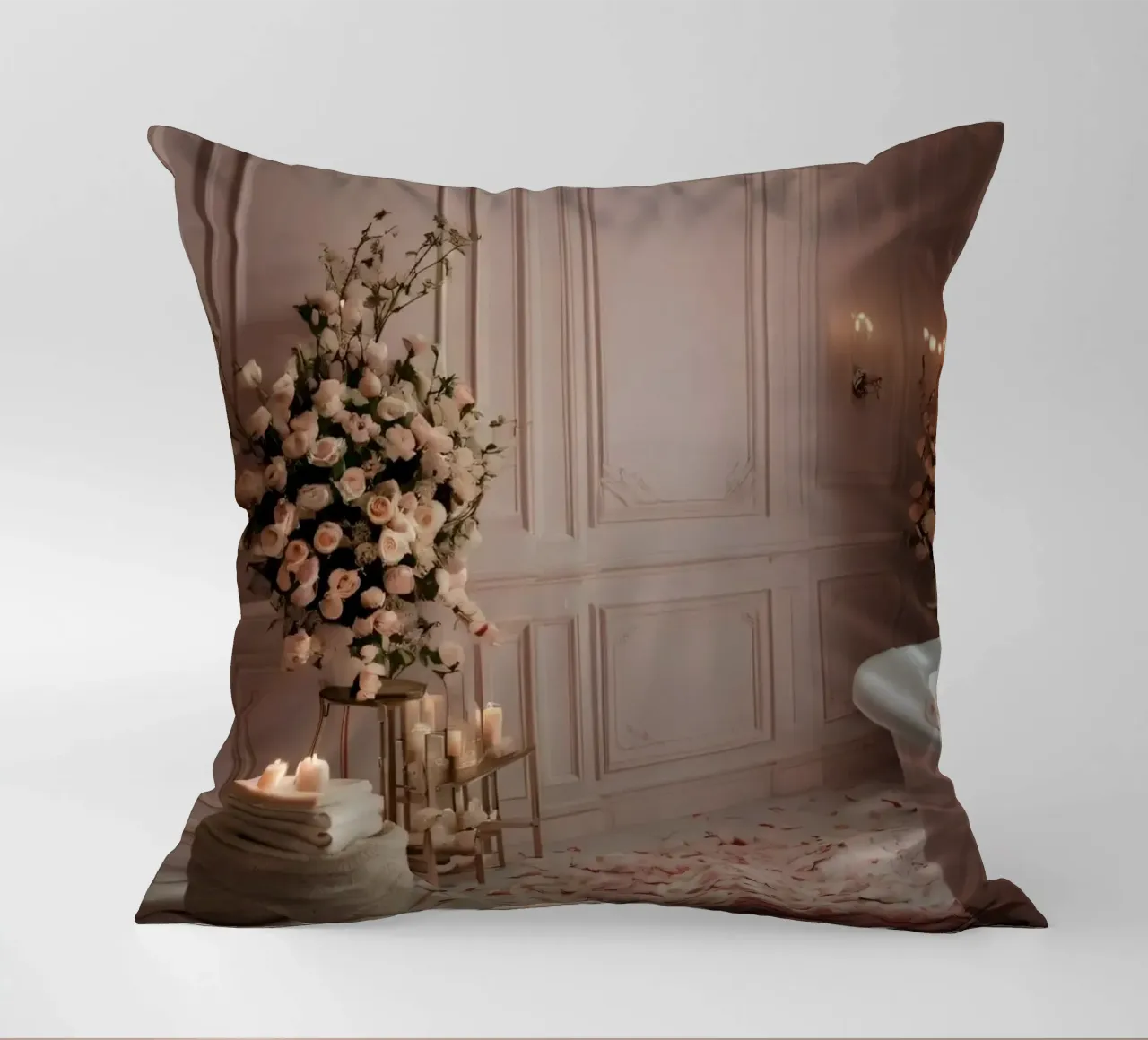 bathroom with a freestanding tub adorned with rose petals decorative cushion by DesignDoodle