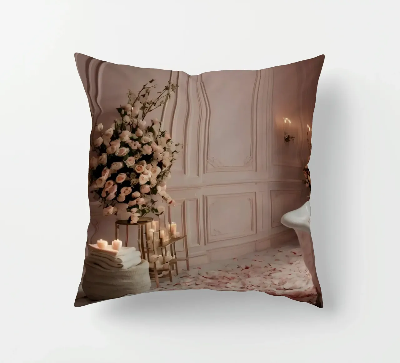 bathroom with a freestanding tub adorned with rose petals decorative cushion by DesignDoodle
