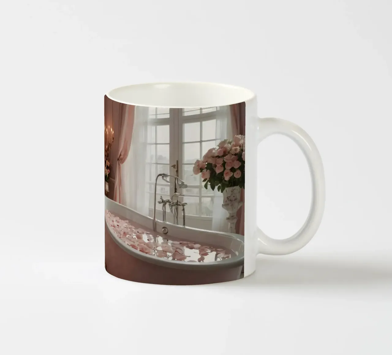 badkamer met een vrijstaand bad versierd met rozenblaadjes keramische mok van DesignDoodle