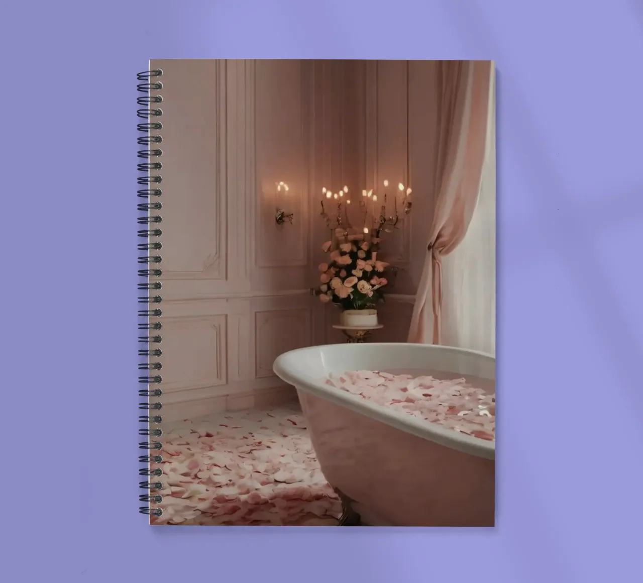 bathroom with a freestanding tub adorned with rose petals spiral notebook by DesignDoodle