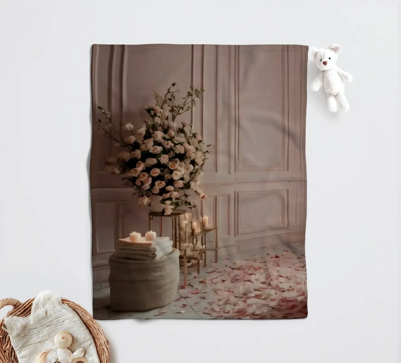 Badezimmer mit freistehender Wanne, die mit Rosenblättern verziert ist Fleecedecke von DesignDoodle