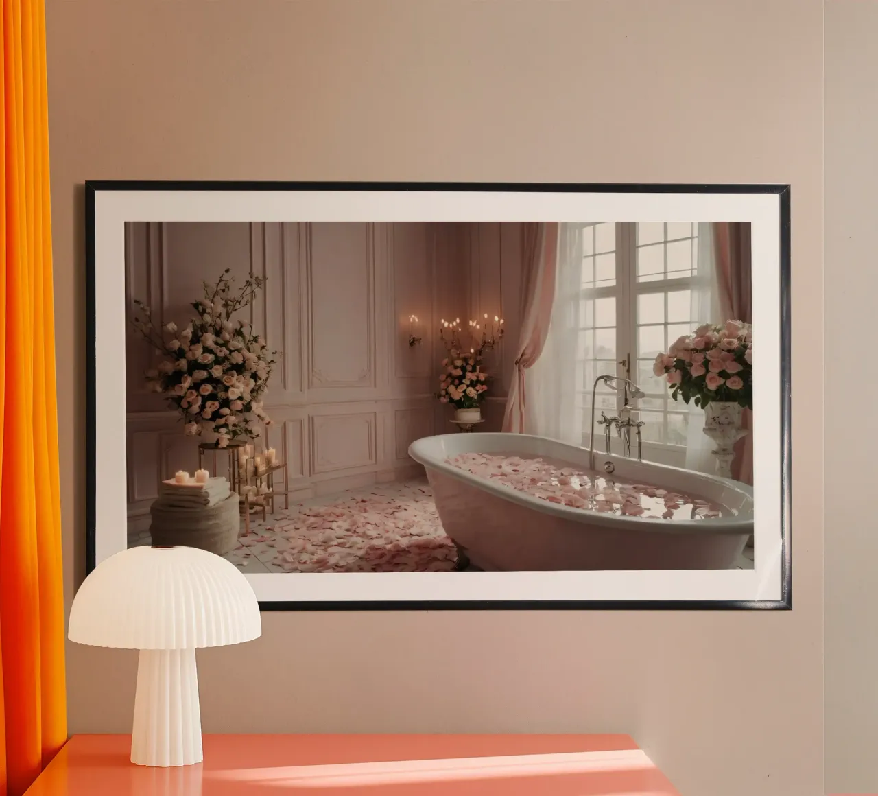 bathroom with a freestanding tub adorned with rose petals hahnemühle by DesignDoodle