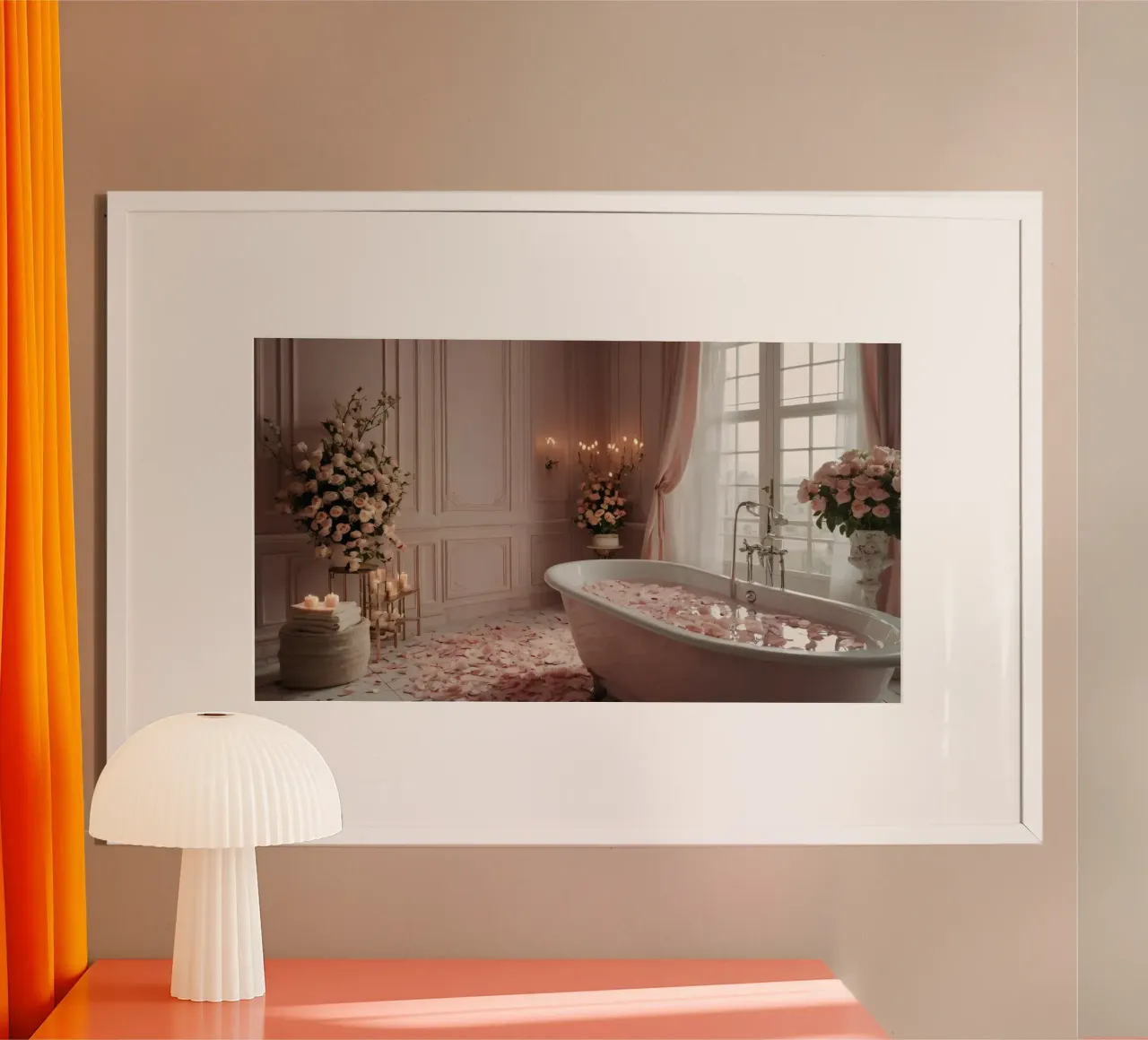 bathroom with a freestanding tub adorned with rose petals hahnemühle by DesignDoodle