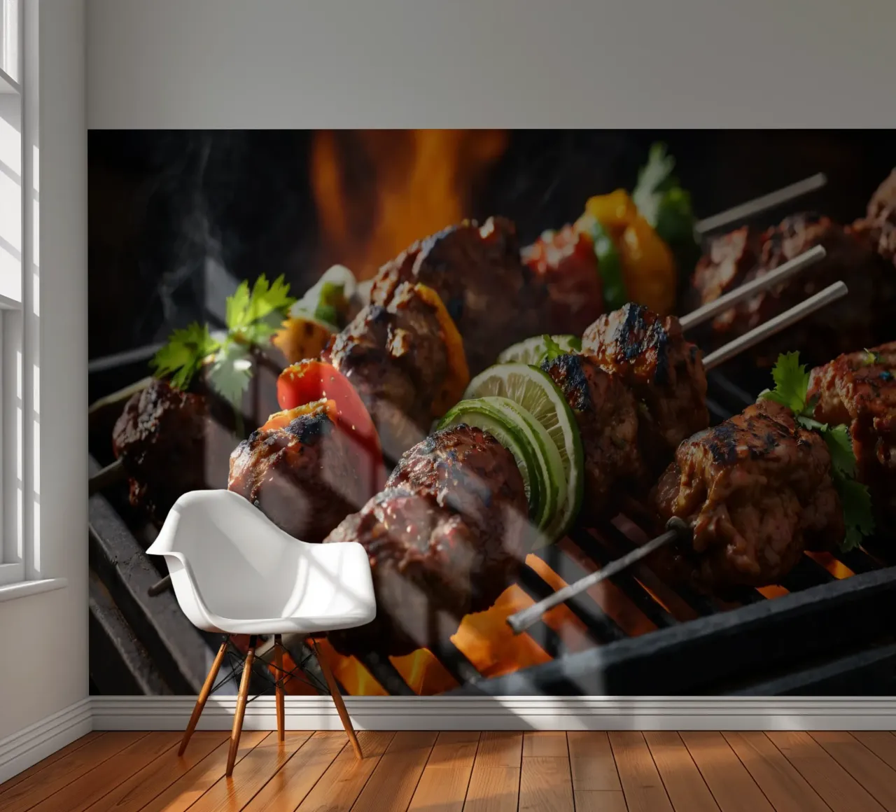 Gegrillte Spieße mit mariniertem Fleisch und frischem Gemüse Fototapete von DesignDoodle