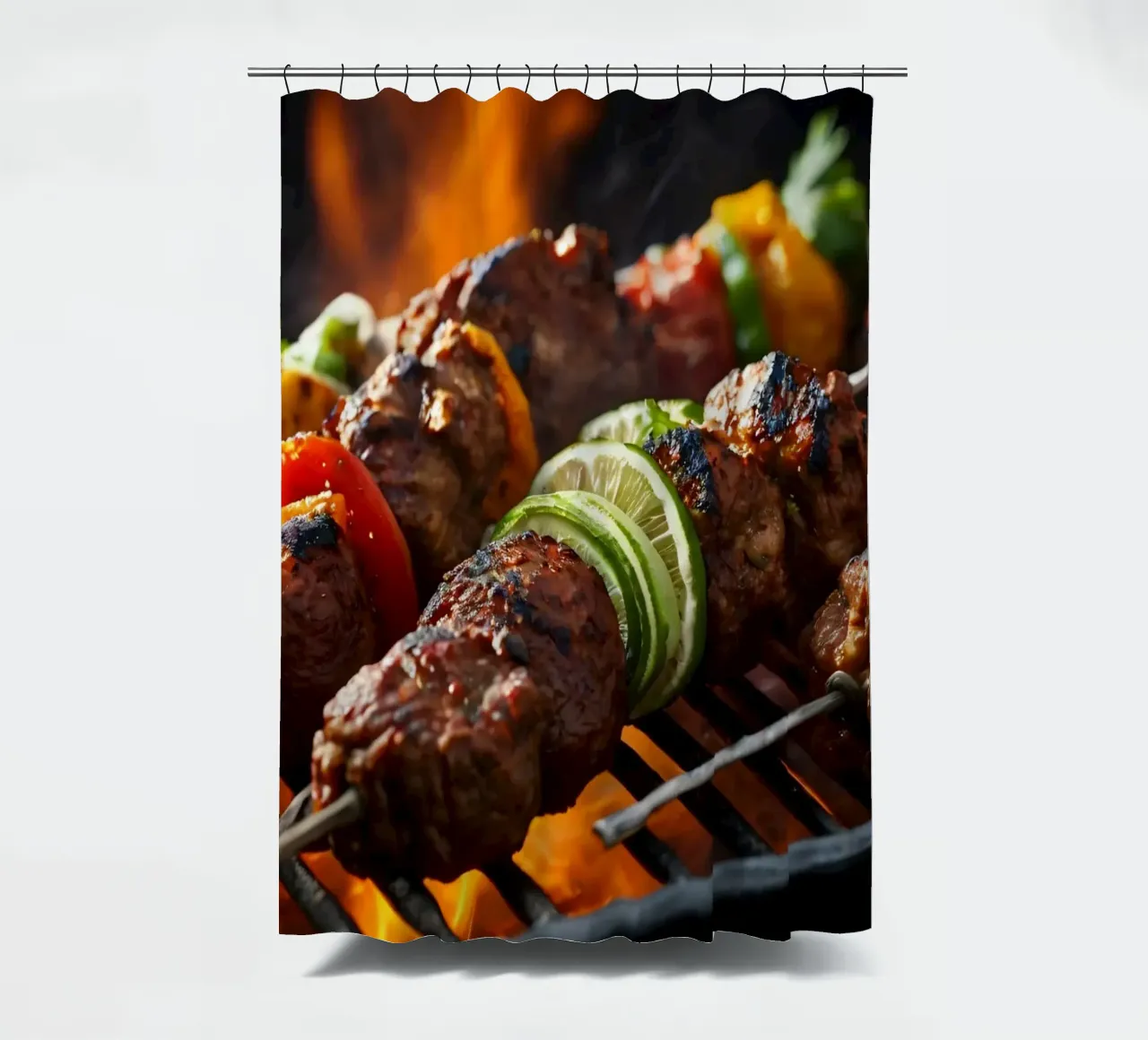 Grilled skewers featuring marinated meats and fresh vegetabl shower curtain by DesignDoodle