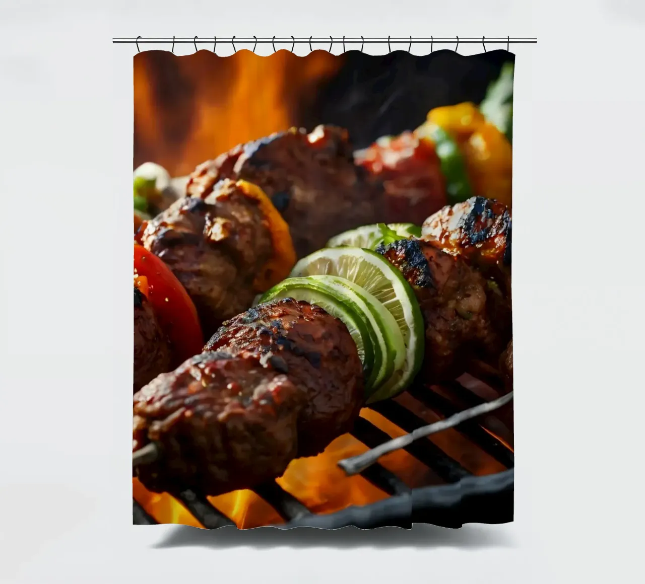 Grilled skewers featuring marinated meats and fresh vegetabl shower curtain by DesignDoodle