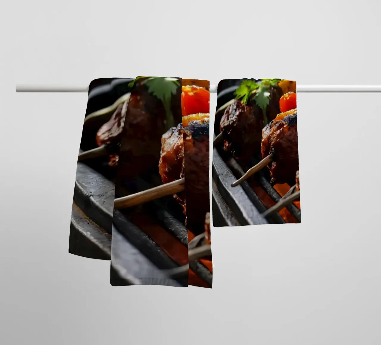 Grilled skewers featuring marinated meats and fresh vegetabl towel by DesignDoodle