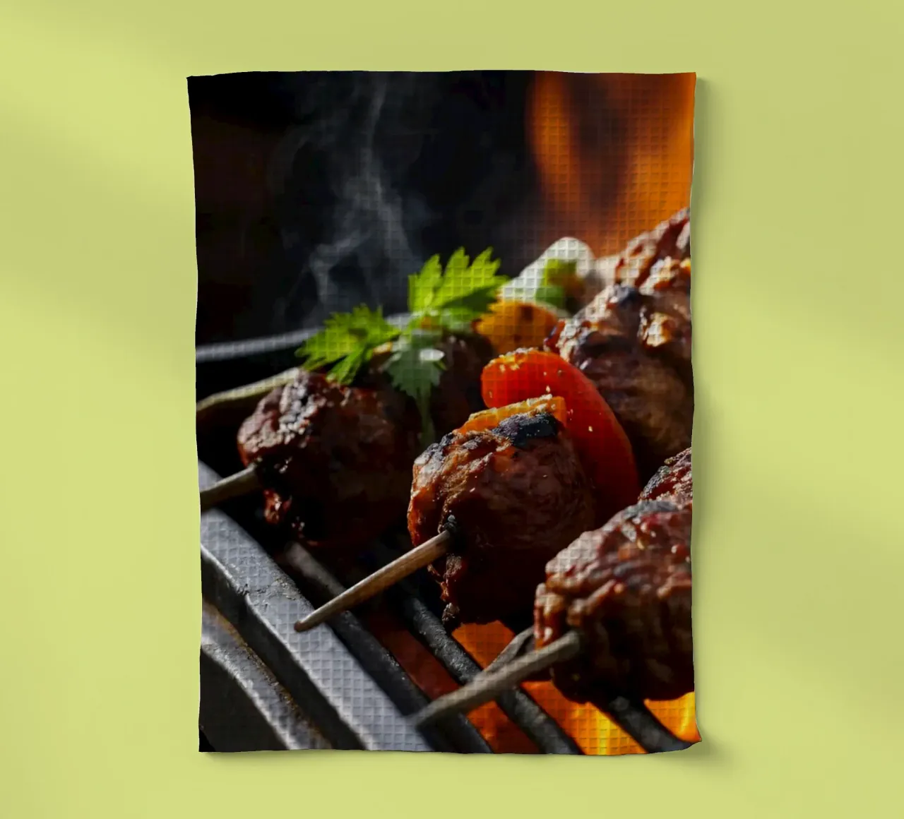 Grilled skewers featuring marinated meats and fresh vegetabl tea towel by DesignDoodle
