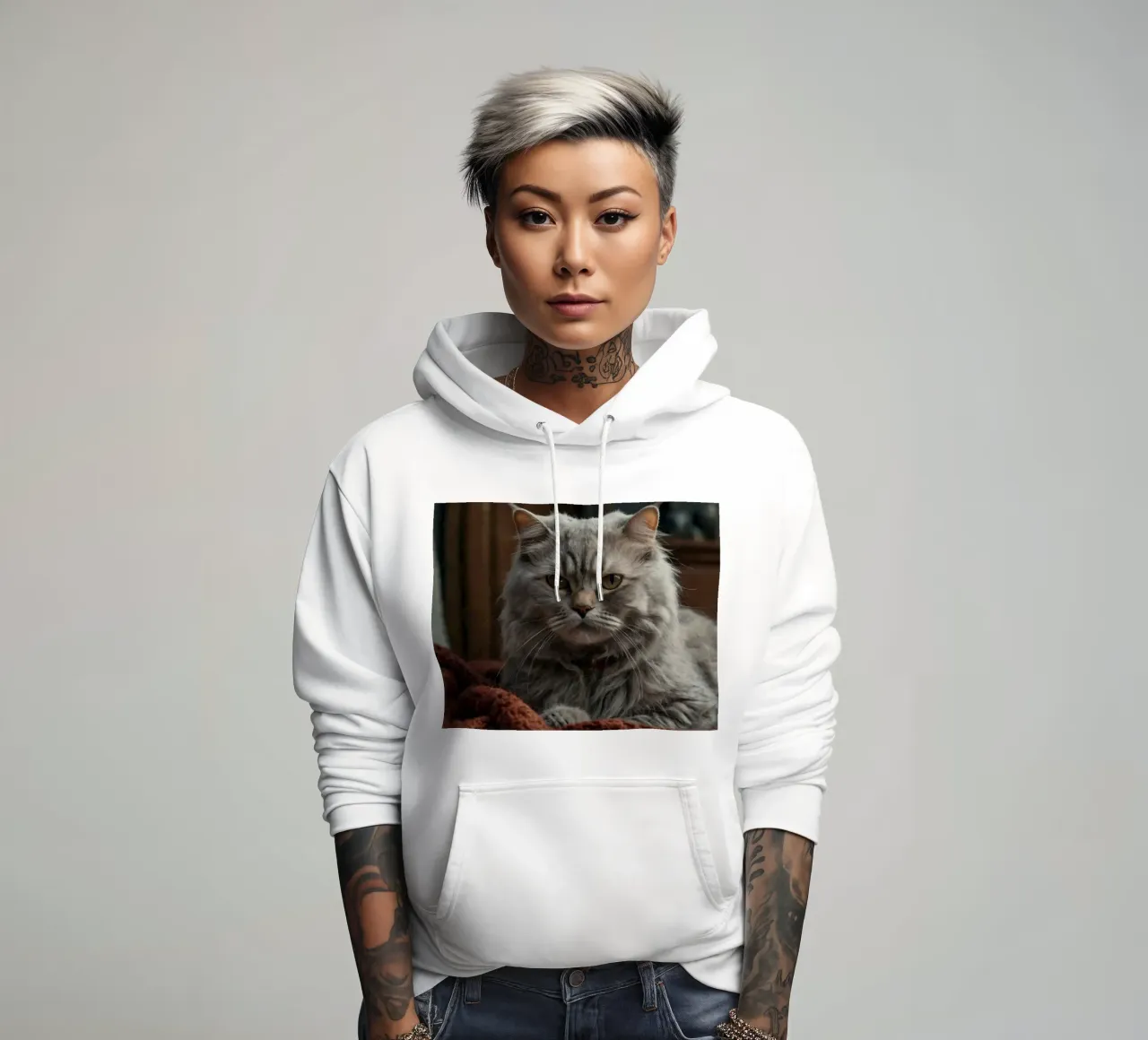 Un soffice gatto grigio riposa pacificamente su una coperta accogliente felpa con cappuccio da DesignDoodle